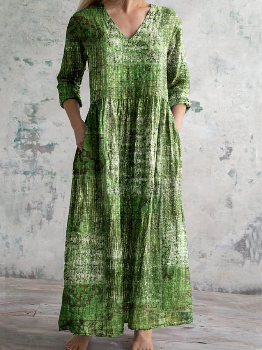 Women's V-Neck Art Texture Cotton And Linen Print Dress With Pockets