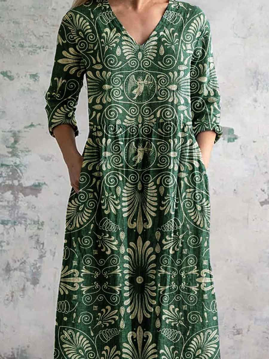 Women's V Neck Angel Floral Pattern Cotton and Linen Dress with Pockets