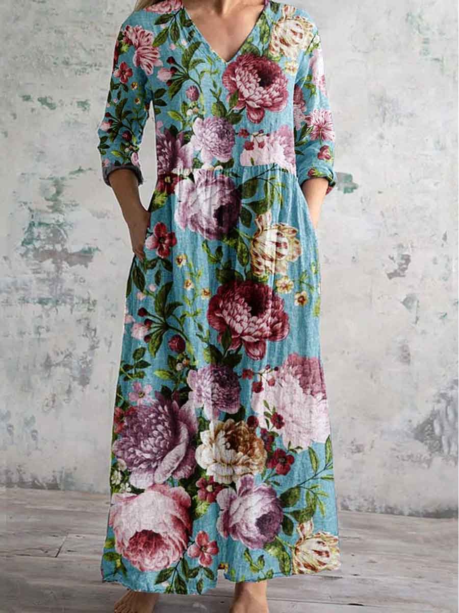 Women's V-neck Vintage Rose Floral Cotton and Linen Dress With Pockets