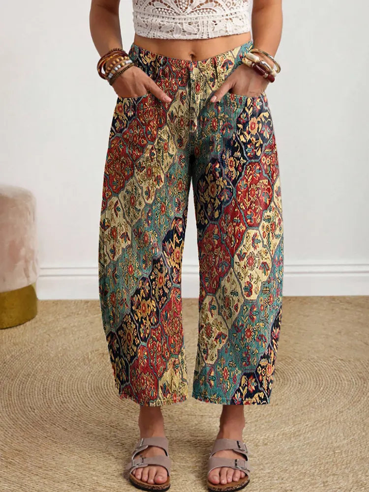 Women's Retro Colorful Ethnic Twill Art Print Casual Pocket Cotton Pants