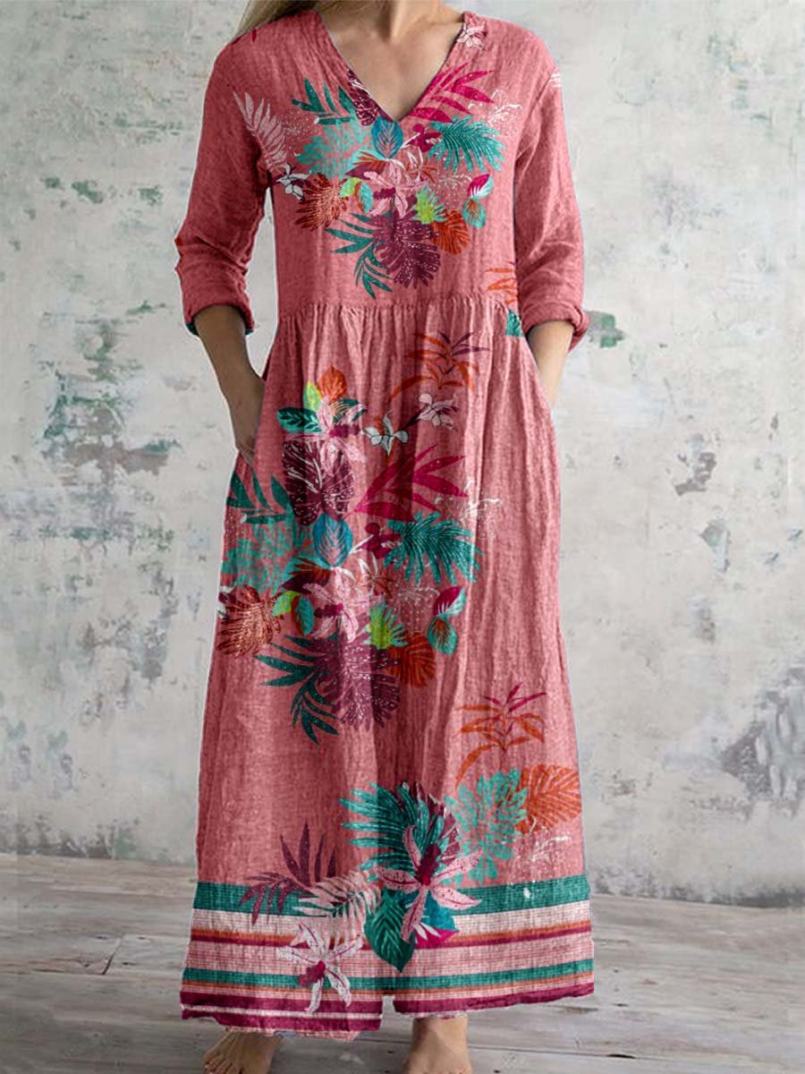 123-240608-20Women's V-neck Elegant Floral Pattern Cotton Dress