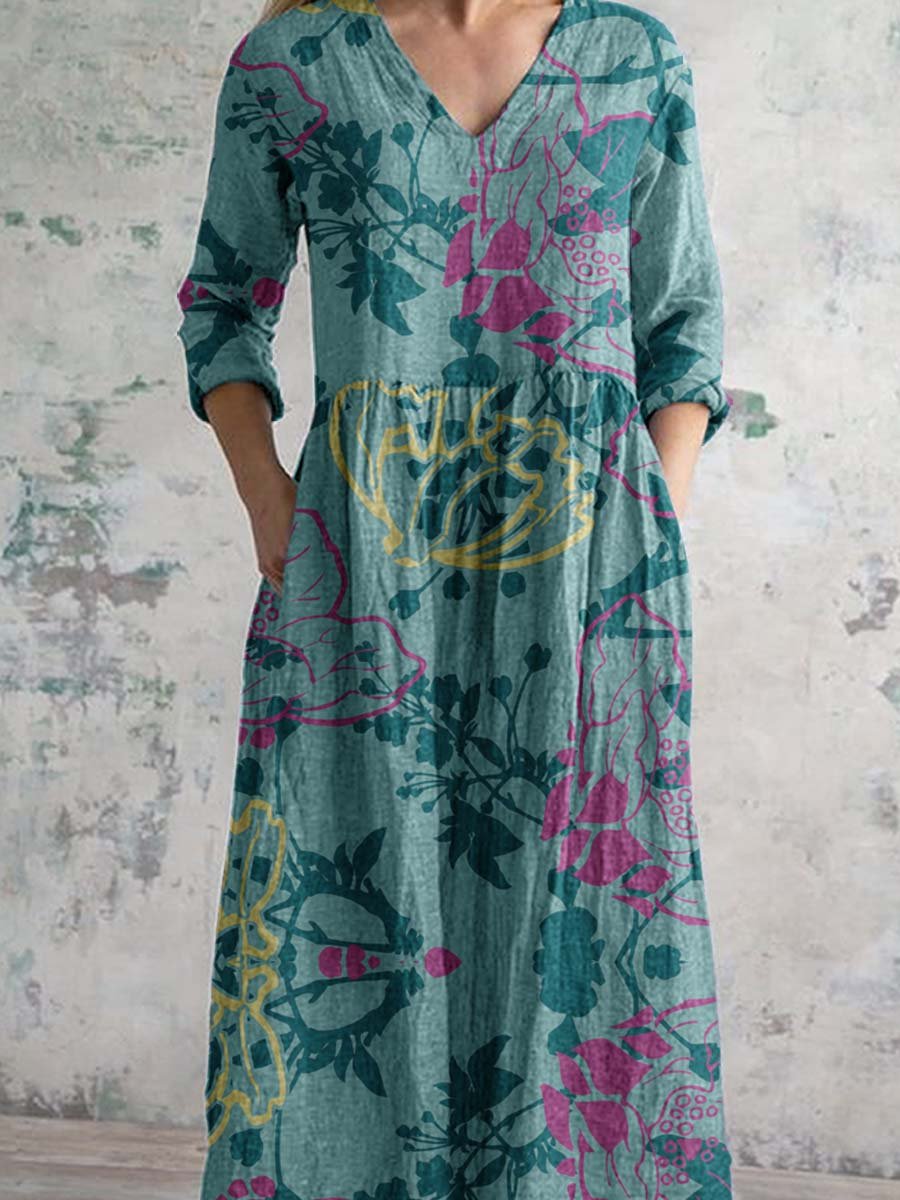 Women's Simple Elegant V Neck Floral Pattern Cotton Fabric Dress with Pockets