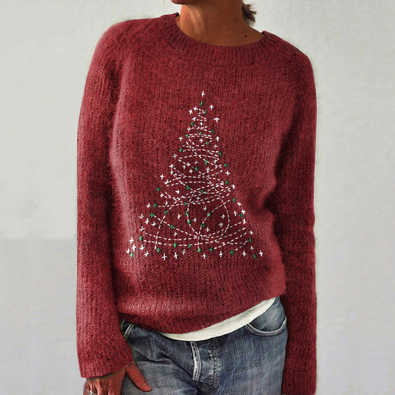 Christmas Tree Embroidery Art Cozy Knit Sweater