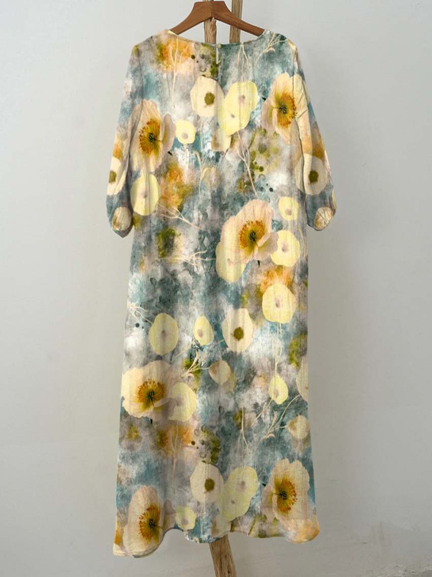 Women's Elegant Yellow Floral Print Pocket Cotton Dress
