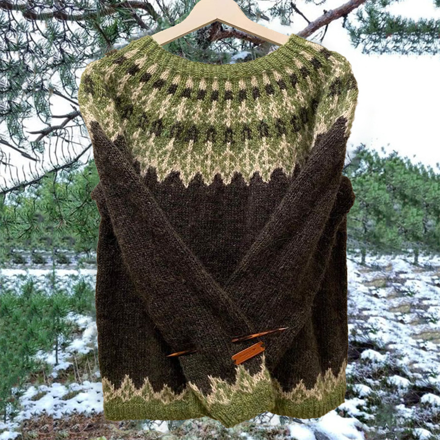 Vintage Green Icelandic Knit Jacquard Warmth Crew Neck Sweater