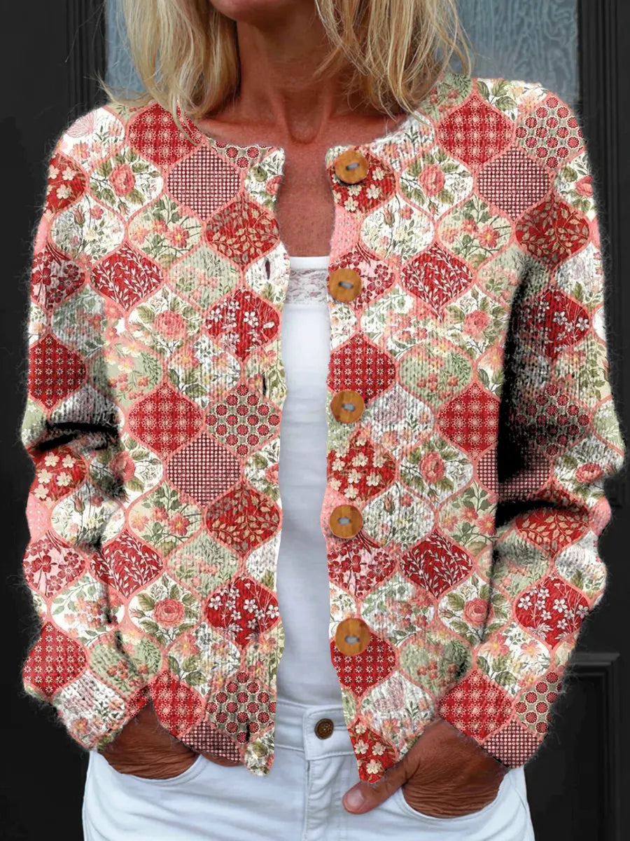 Women's Bohemian Floral Art Print Button-front Knit Cardigan
