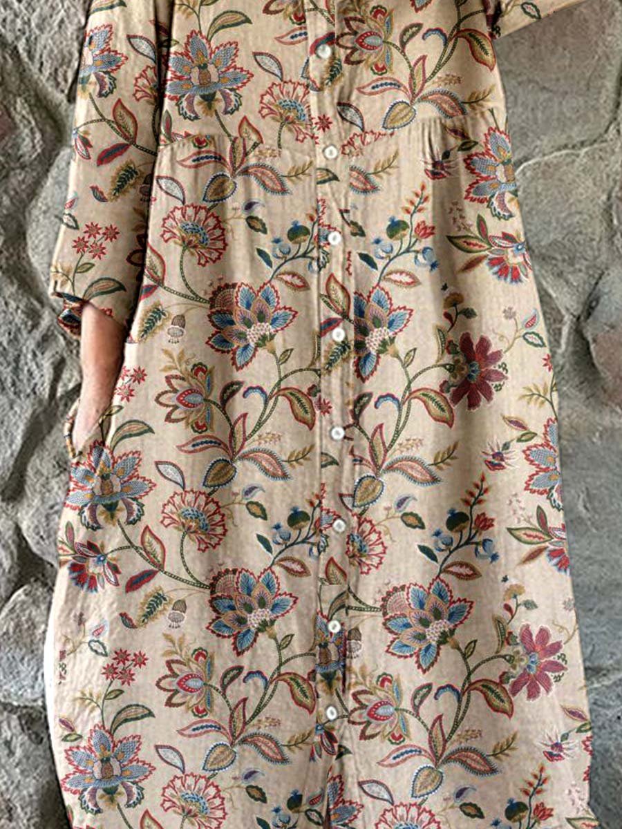 Women's Elegant Vintage Floral Pattern Shirt Style Cotton and Linen Dress