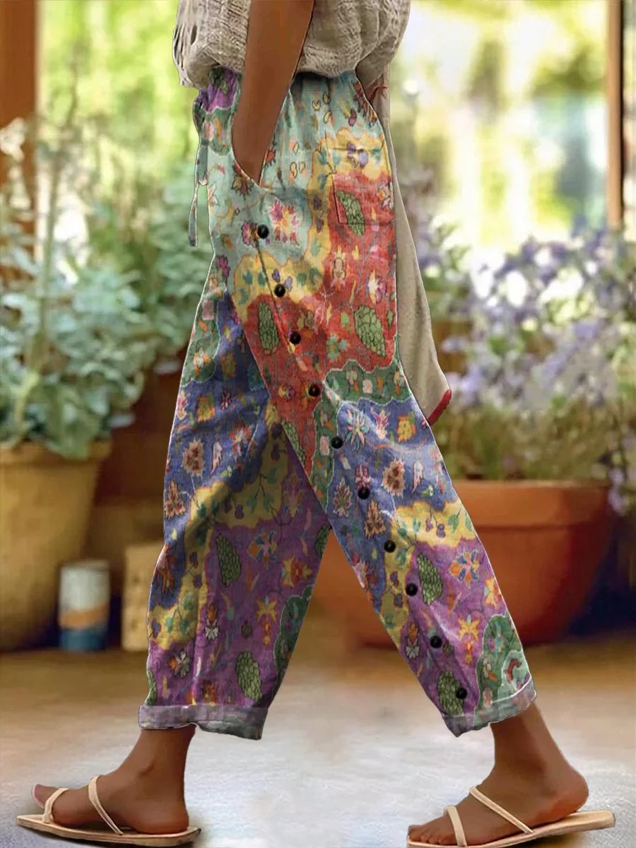 Women's Boho Floral Wave Collage Art Printed Cotton And Linen Casual Pants