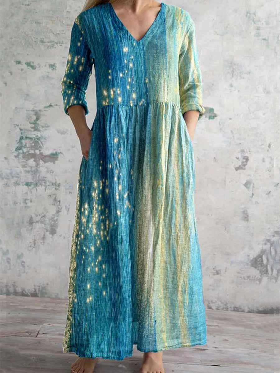 Women's V-Neck Blue Gradient Gold Glitter Pattern Printed Cotton And Linen Dress With Pockets