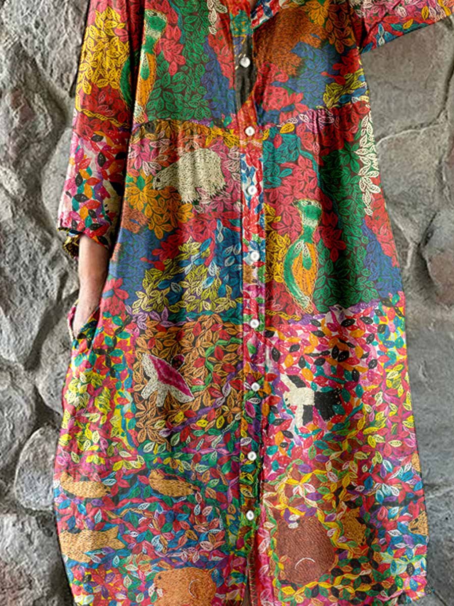 Women's Elegant Floral Print Cotton and Linen Shirt Dress