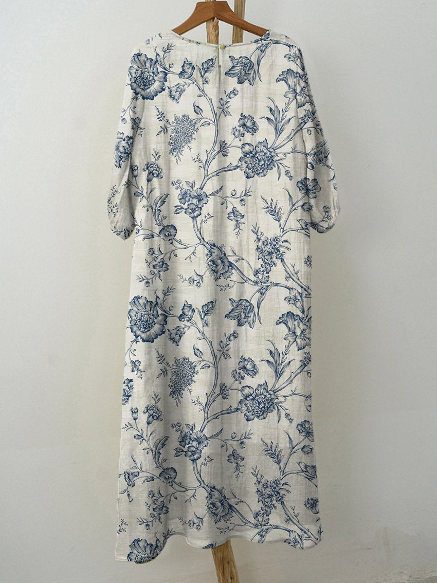 Women's Blue Vintage Curly Floral Print Pocket Cotton Dress