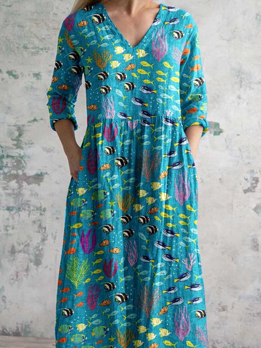 Women's V-neck Underwater World Pattern Cotton and Linen Dress With Pockets
