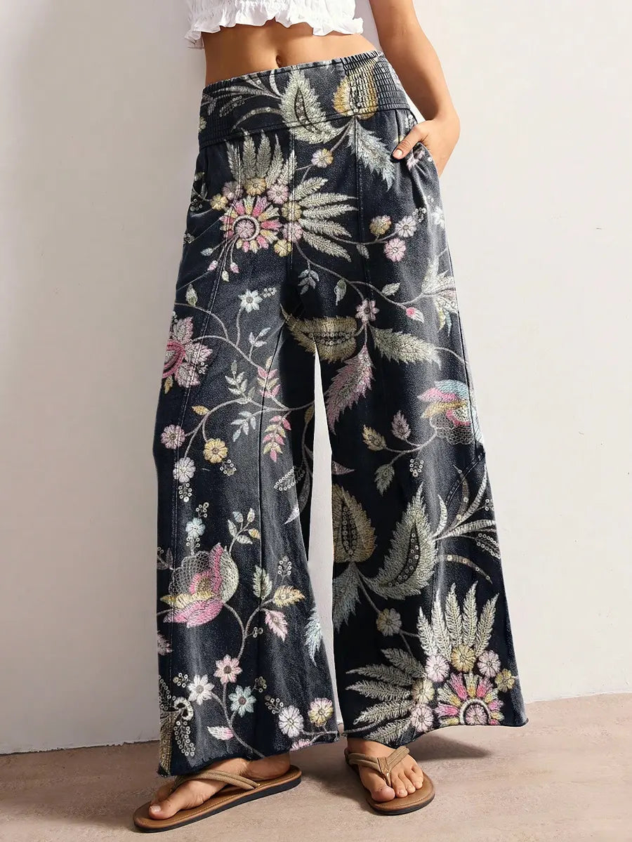 Women's Ethnic Floral Pattern Art Print Stretch Wide-leg Pants