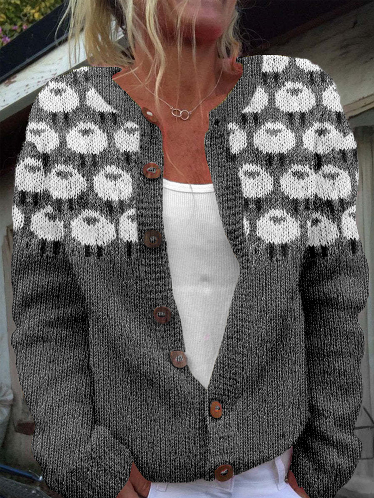 Lovely Sheep Knit Pattern Cozy Knit Cardigan