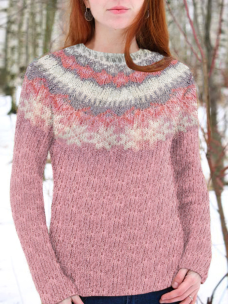 Retro Snowflake Wave Pattern Crew Neck Sweater