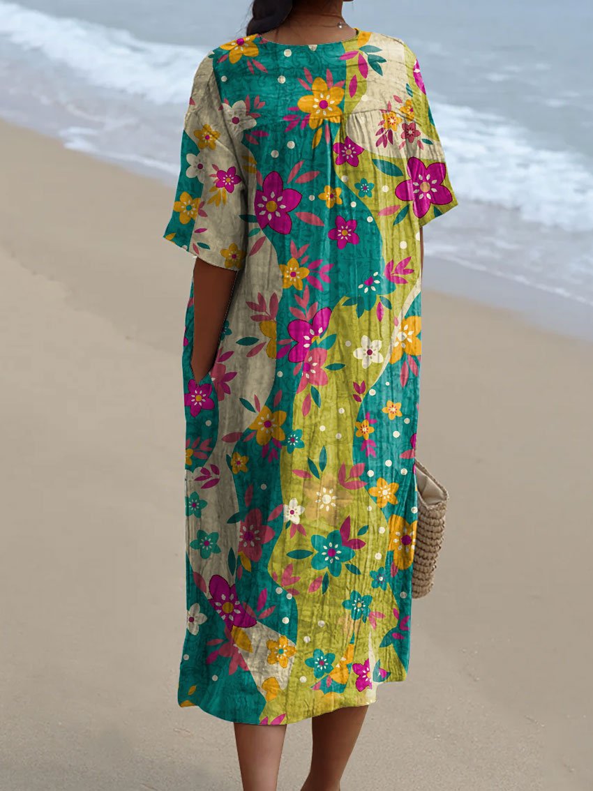 Women's Flower Watercolor Splash Fluid Art Print Flowy Dress