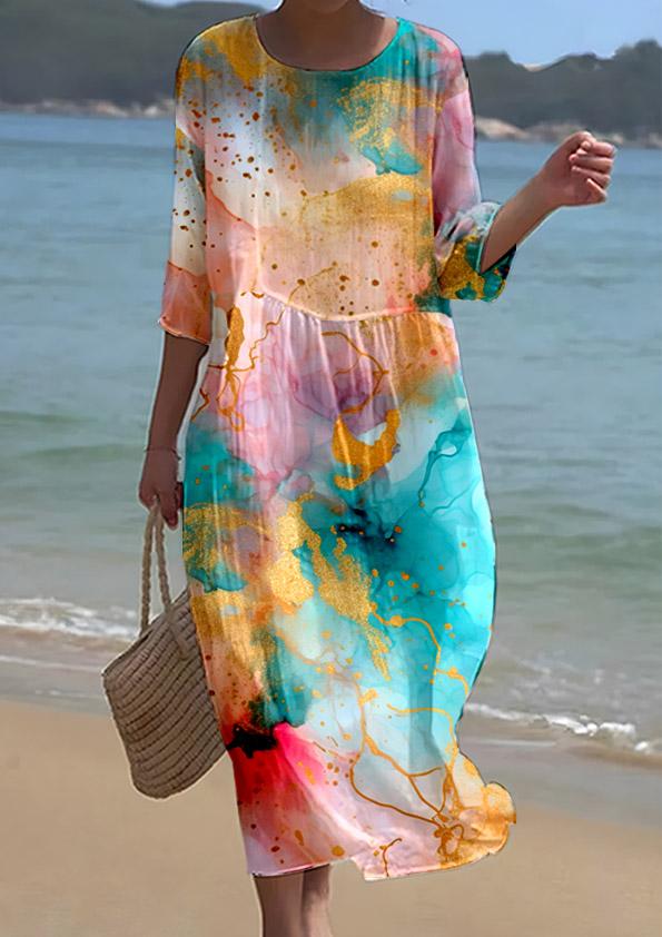 Women's Watercolor Splash Ink Fluid Art Print Resort Style Dress