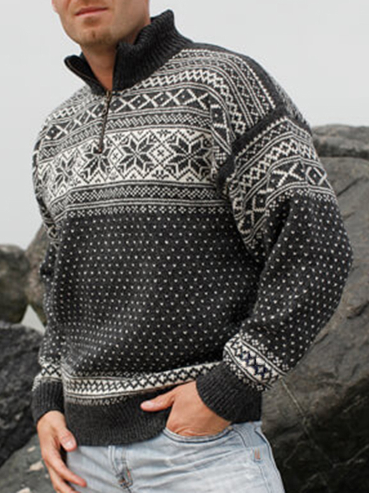 Vintage Warmth Norwool Knit Jacquard Icelandic Half Zip Collar Sweater(Unisex )