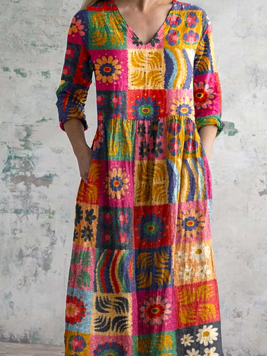 Women's V-neck  Abstract Art Floral Pattern Collar Cotton Dress With Pockets
