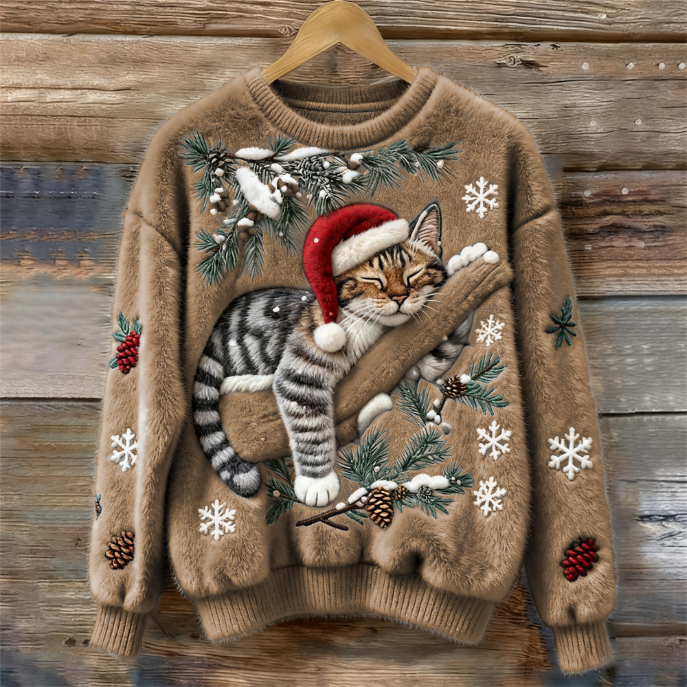 Christmas Lazy Cat Art Women's Cozy Plush Sweater