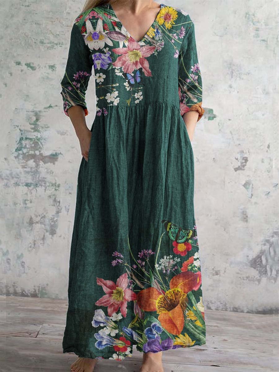 Women's V-neck Elegant Floral Pattern Cotton Dress