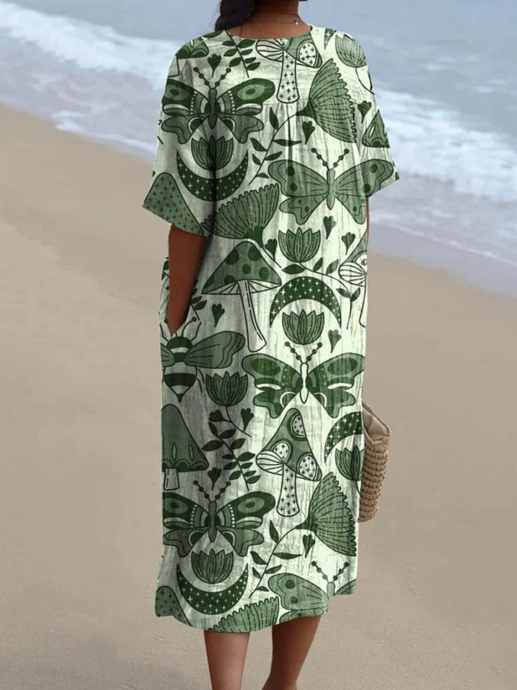 Women's Vintage Lovely Floral Butterfly Art Print Flowy Dress