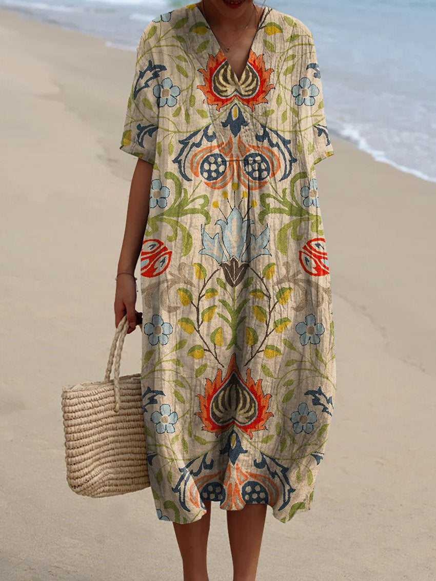 Women's Vintage Ethnic Floral Art Print Flowy Dress