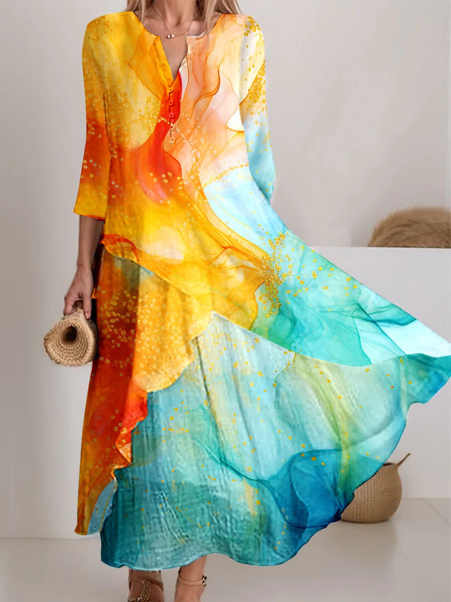 Women's Watercolor Splash Fluid Art Print Flowy Dress