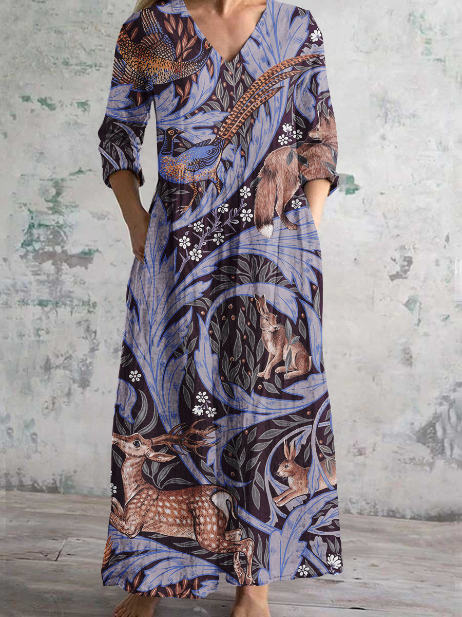 Women's V-Neck Deer and Rabbit Art Print Cotton and Linen Pocket Dress