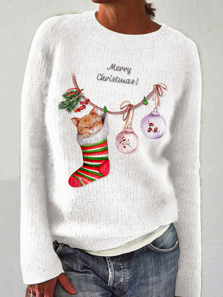 Women's Christmas Cute Cat Cozy Crew Neck Sweater