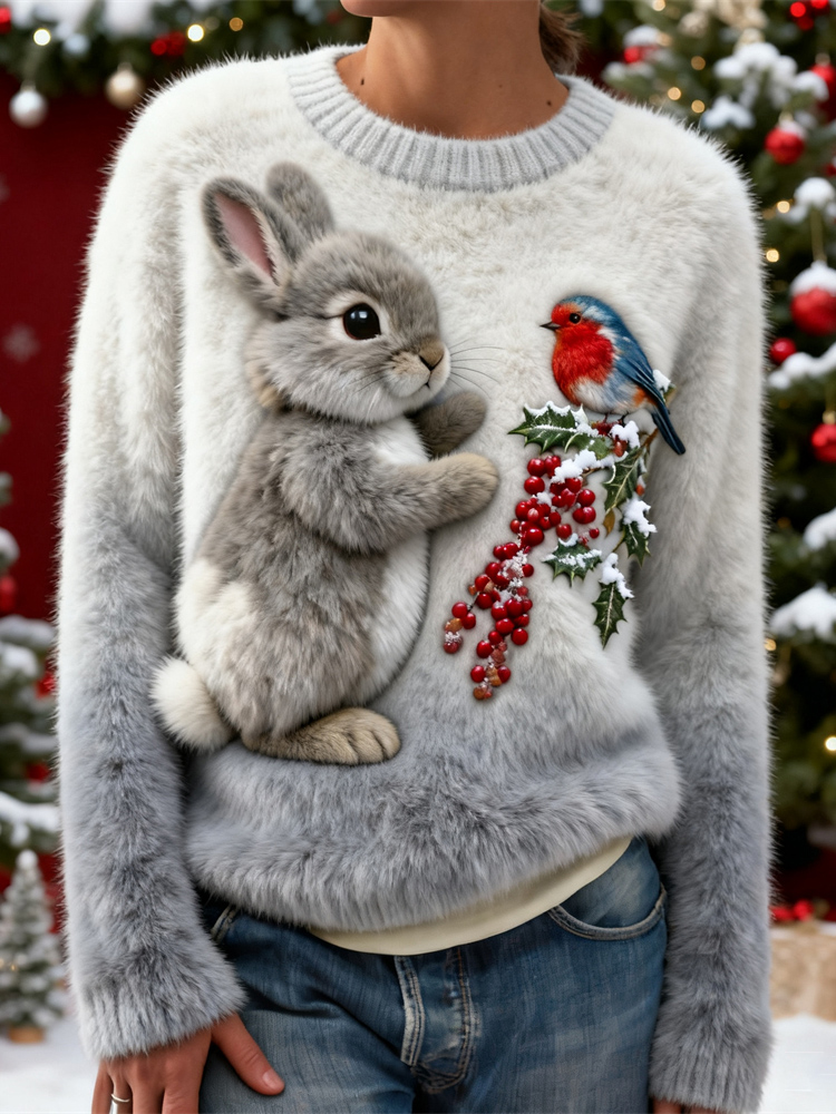 Christmas Plush Rabbit Women's Plush Sweater