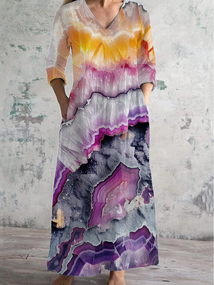Women's V-Neck Abstract Crystal Texture Art Print Cotton And Linen Pocket Dress
