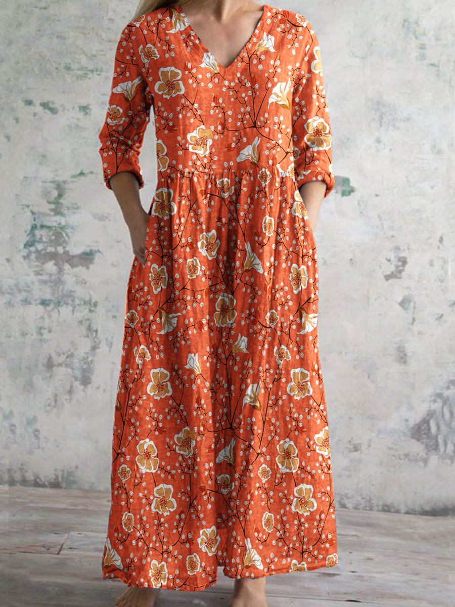 Women's Elegant Vintage Floral Pattern Cotton Dress With Pockets