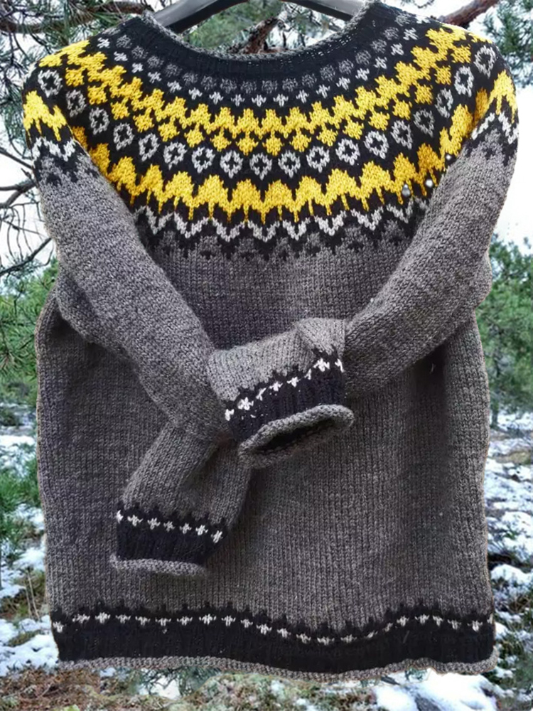 Vintage Gray Icelandic Knit Jacquard Warmth Crew Neck Sweater Unisex