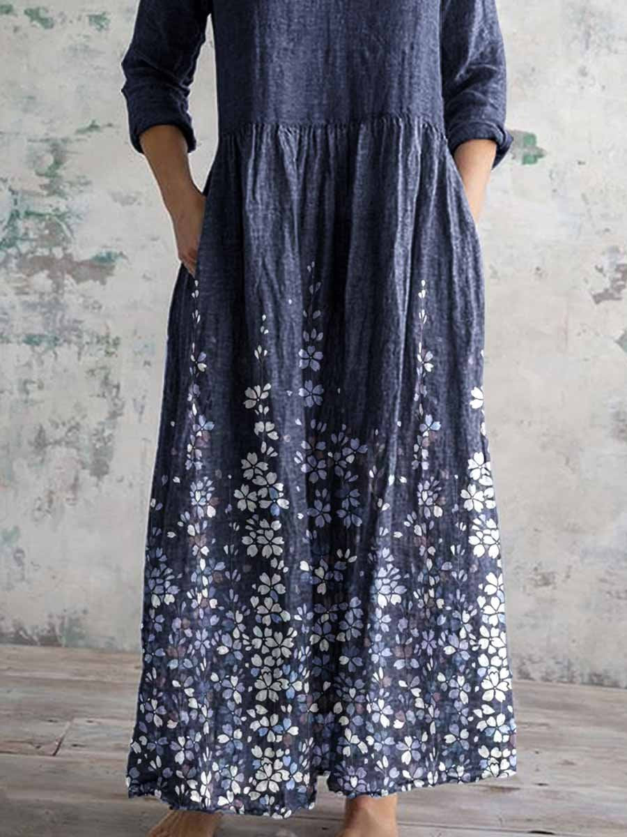 Women's Elegant Floral Pattern V-Neck Cotton Fabric Dress with Pockets