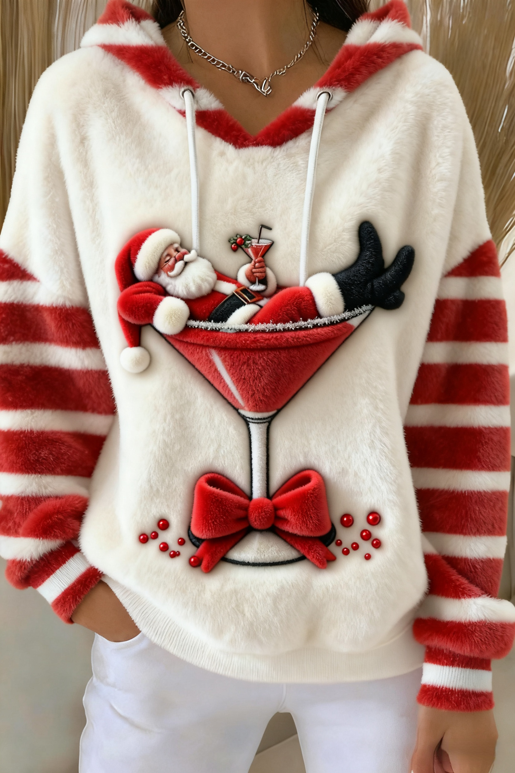 Christmas Stripe Santa Wine Glass Cozy Plush Hooded Sweater