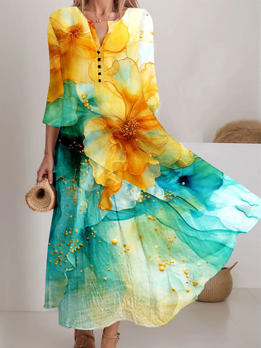 Women's Watercolor Splash Fluid Art Print Flowy Dress