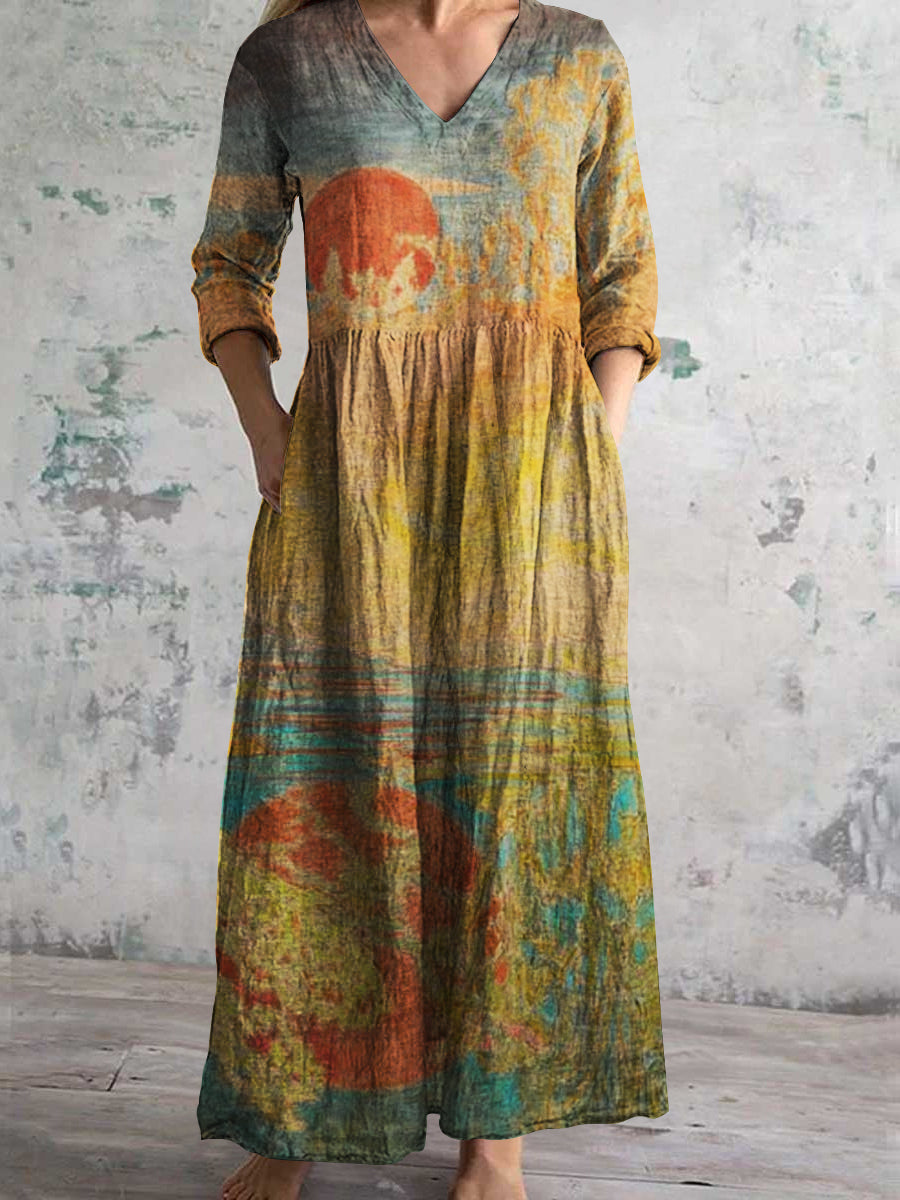Women's V-neck Vintage Cotton and Linen Art Painted Dress With Pockets
