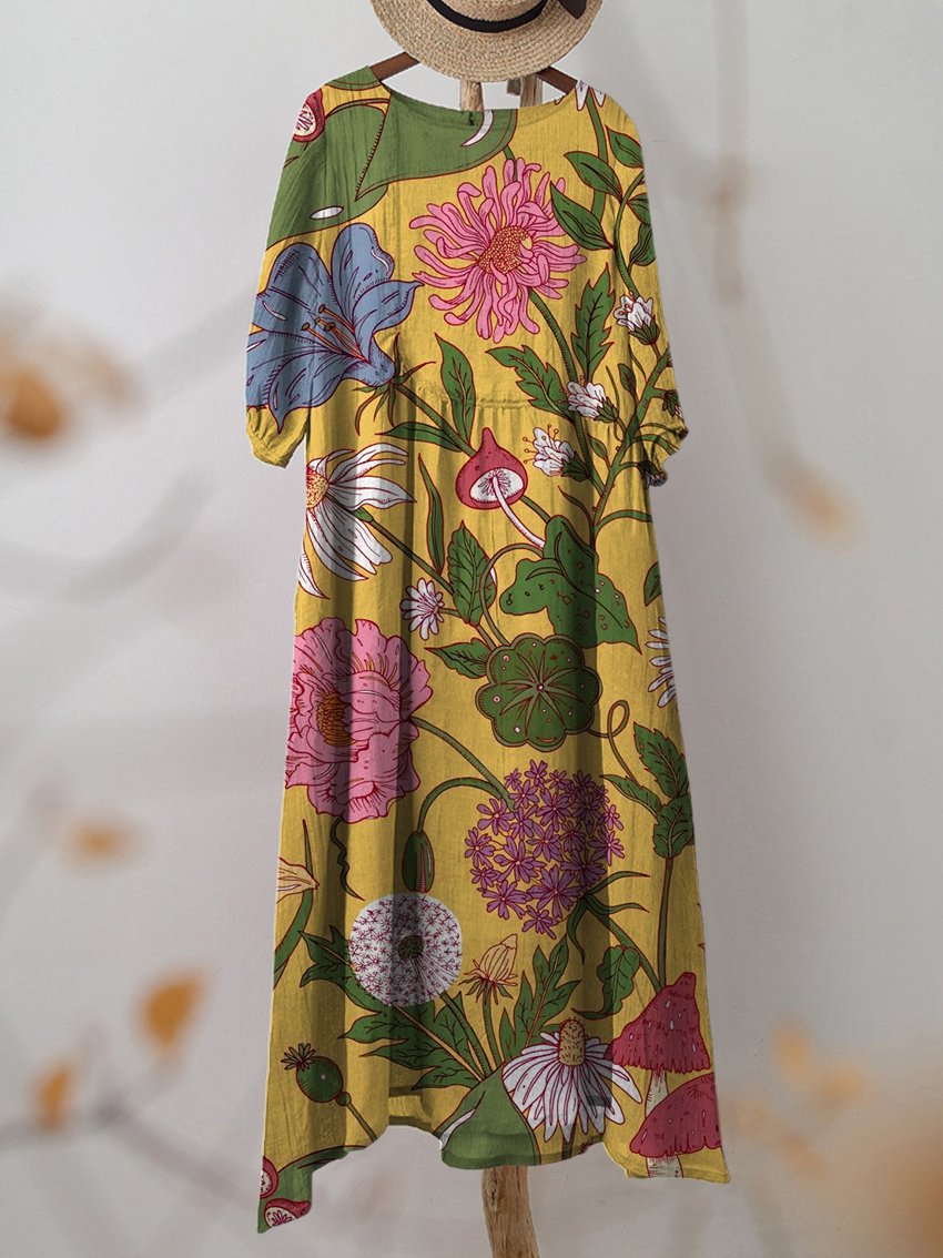 Women's Vintage Floral Print Pocket Cotton Dress