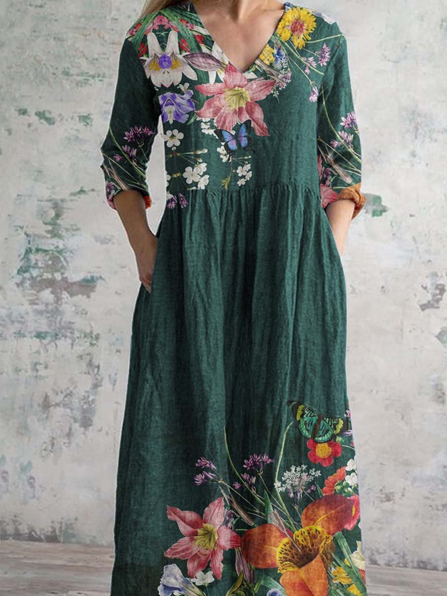 Women's V-neck Elegant Floral Pattern Cotton Dress