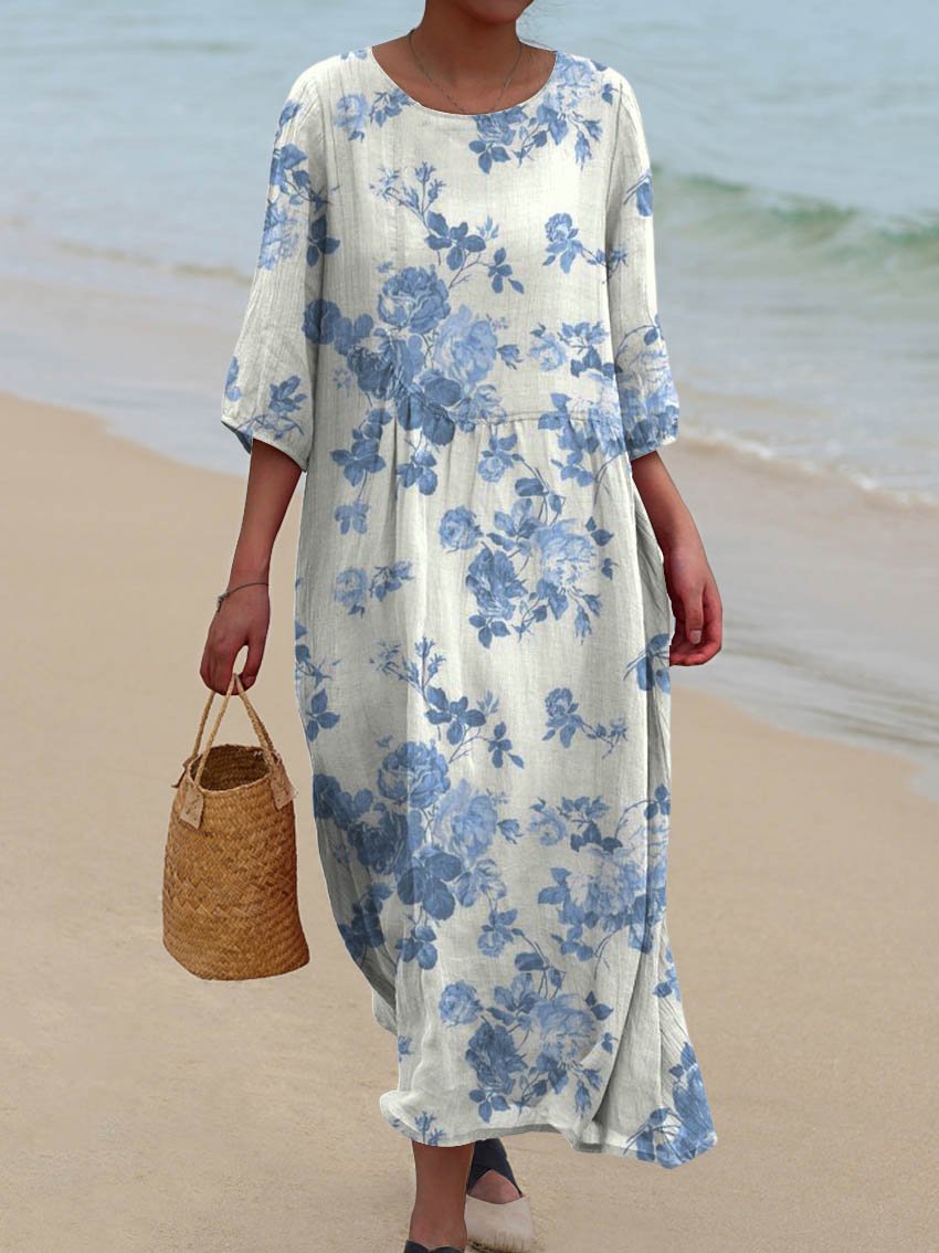 Women's Vintage Floral Art Print Pocket Cotton Dress