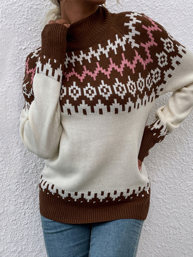 Loose Contrast Jacquard Turtleneck Christmas Sweater