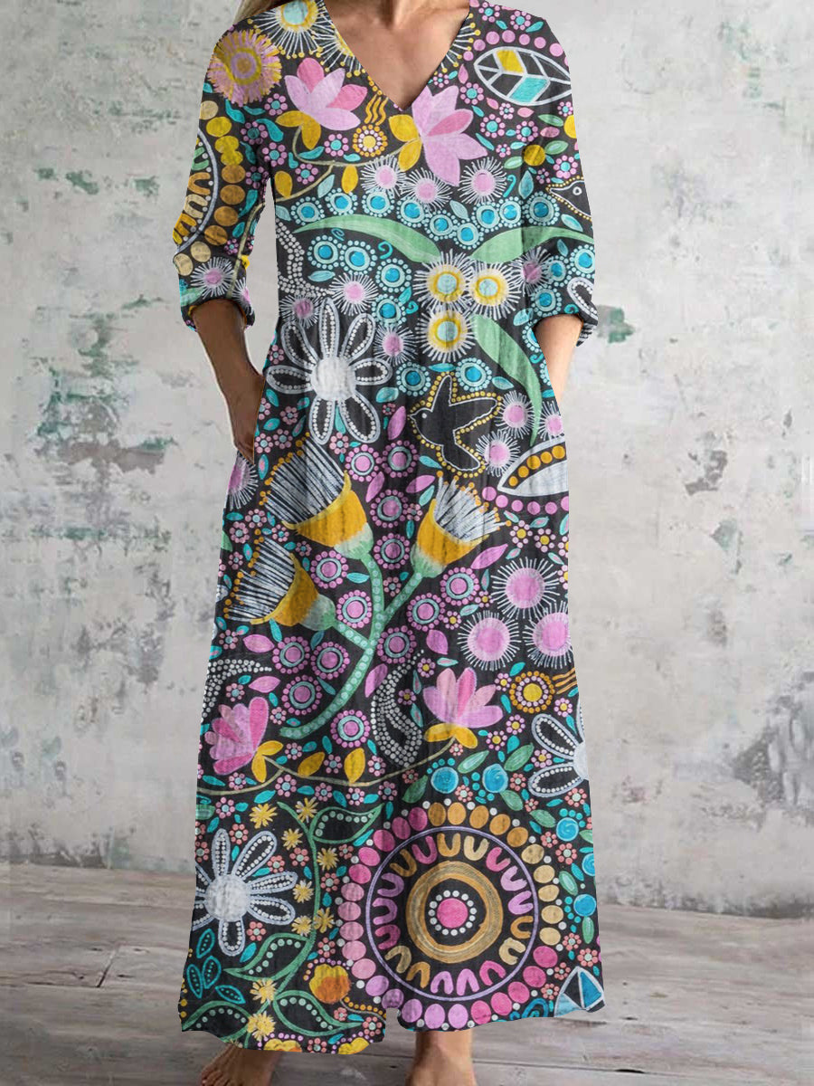 Women's V-Neck Floral Landscape Art Print Cotton And Linen Pocket Dress