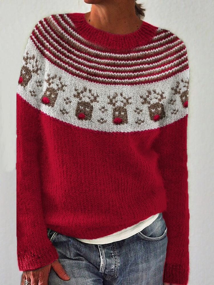 Christmas Reindeer Striped Yoke Cozy Knit Isle Sweater