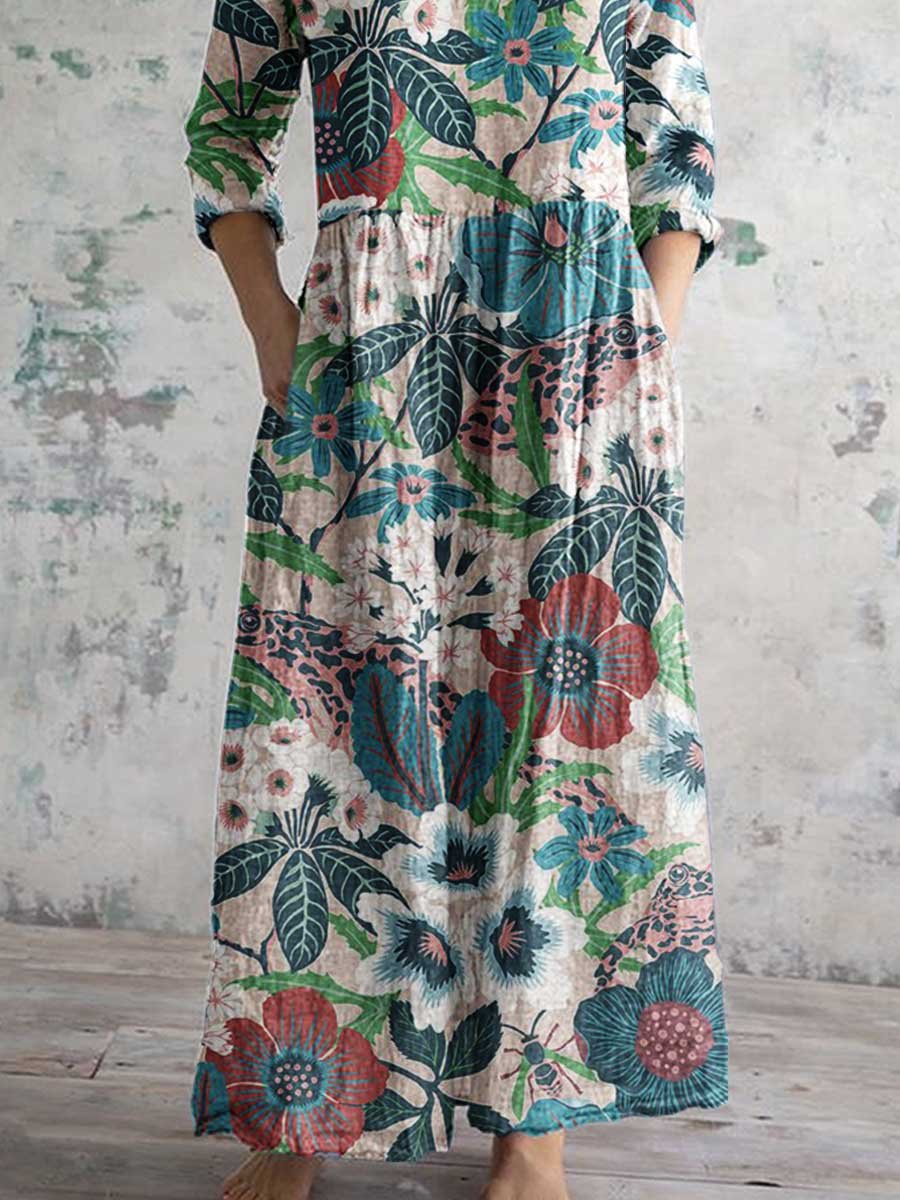 Women's Elegant Floral Pattern V-Neck Cotton Dress