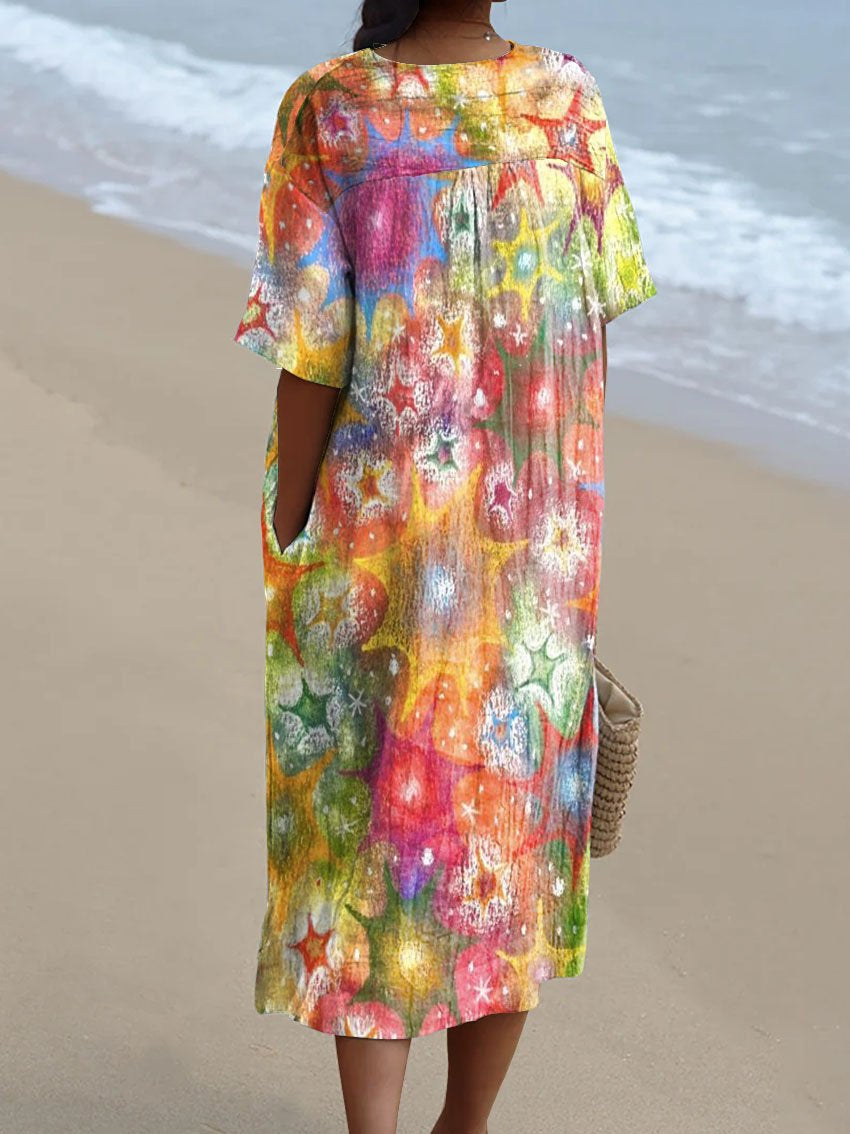 Women's Watercolor Colorful Star Element Print Pocket Linen Dress