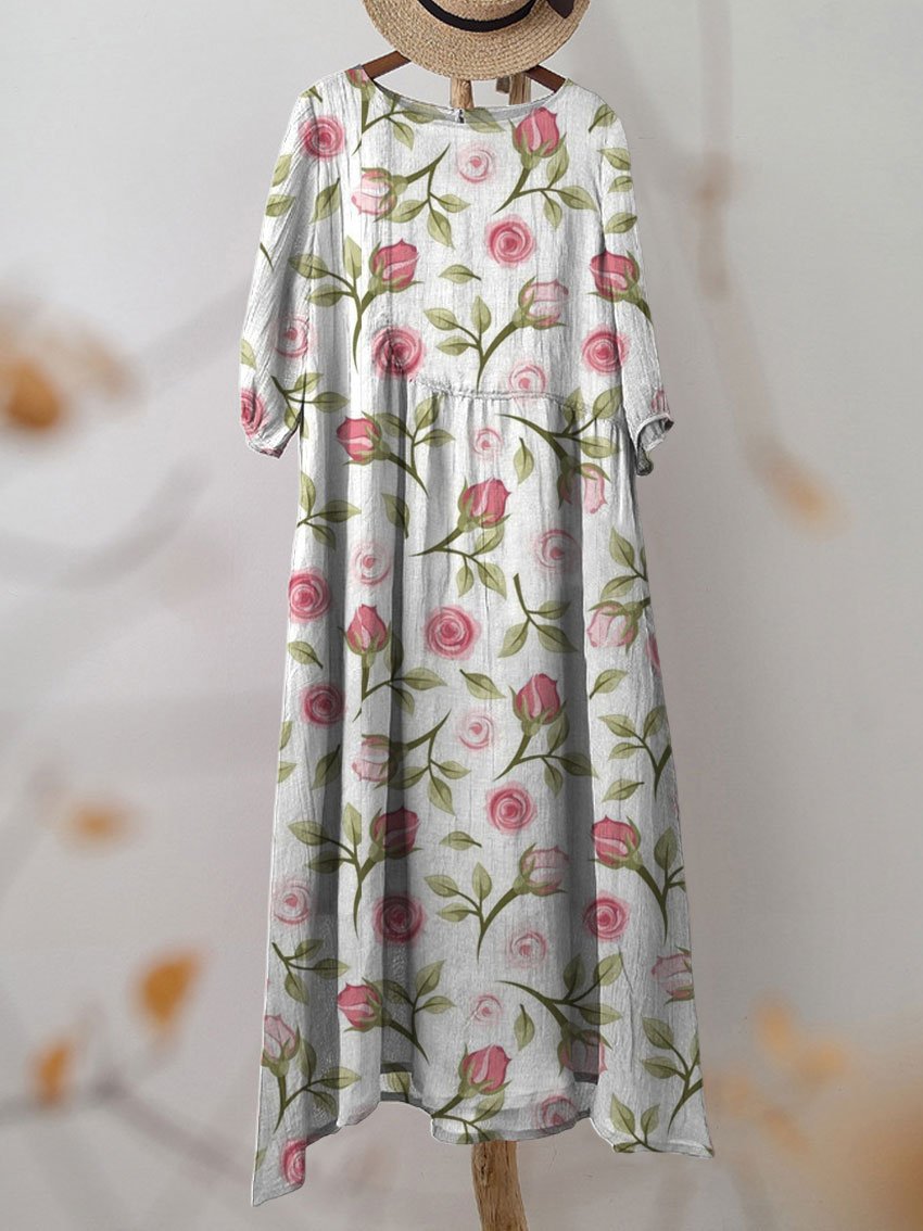 Women's Rose Flower Print Pocket Cotton Dress