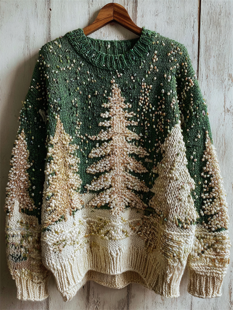Christmas Trees Snowy Forest Beaded Cozy Knit Sweater