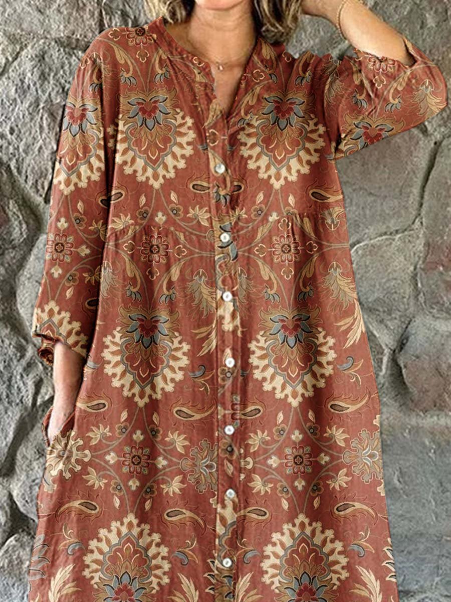 Women's Elegant Vintage Floral Pattern Shirt Style Cotton and Linen Dress