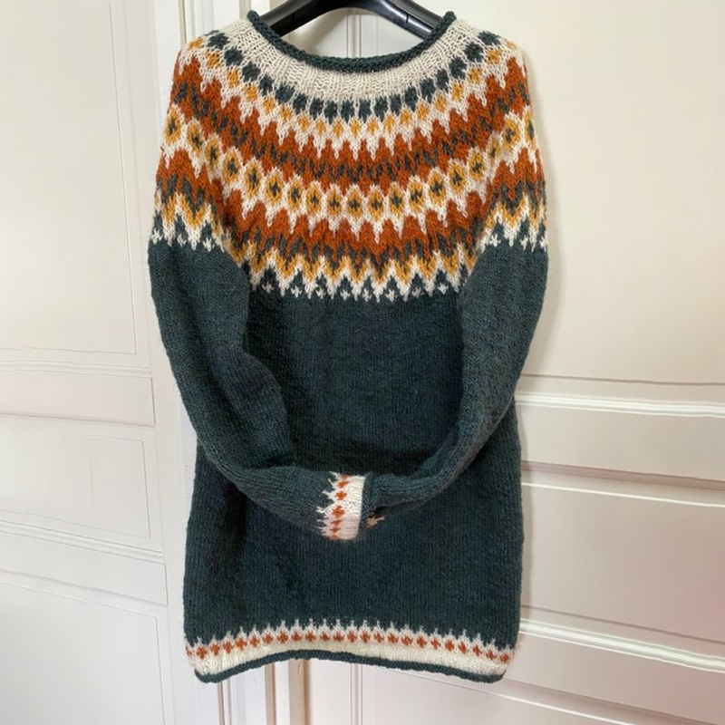 Vintage Orange Heart Icelandic Knit Jacquard Warmth Crew Neck Sweater